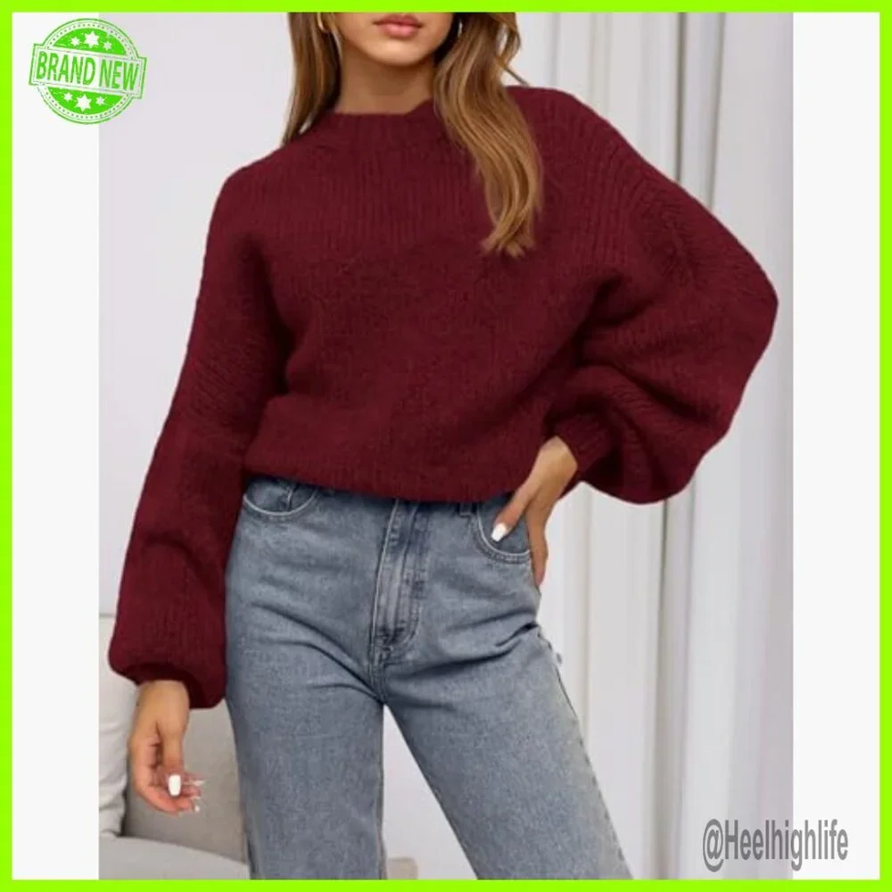Oversized Lantern Sleeve Pullover Sweater, Loose Fit Knit Top - Picture 5 of 7
